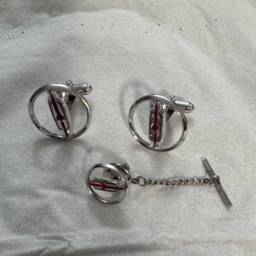 Vintage Oldsmobile Silver and Red Cufflinks and Tie Tack Set